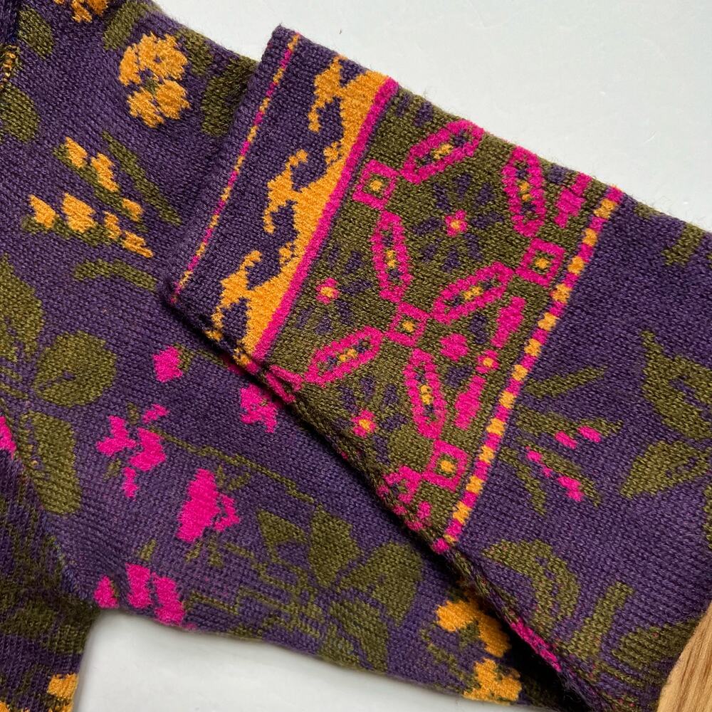 Vintage 80s Floral Pattern Mock Neck Purple Yellow Green Knit Sweater Geometric - Picture 6 of 11